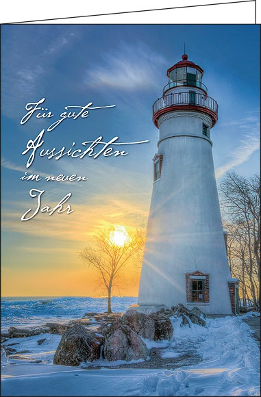 Weihnachtskarten, Leuchtturm im Abendlicht