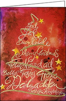 Weihnachtskarte, kreativer Weihnachtsbaum auf rot